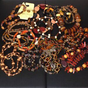 Lot 13 Vintage Bohemian Necklaces Bundle. Wood Glass Ceramic Shell Semi-Precious